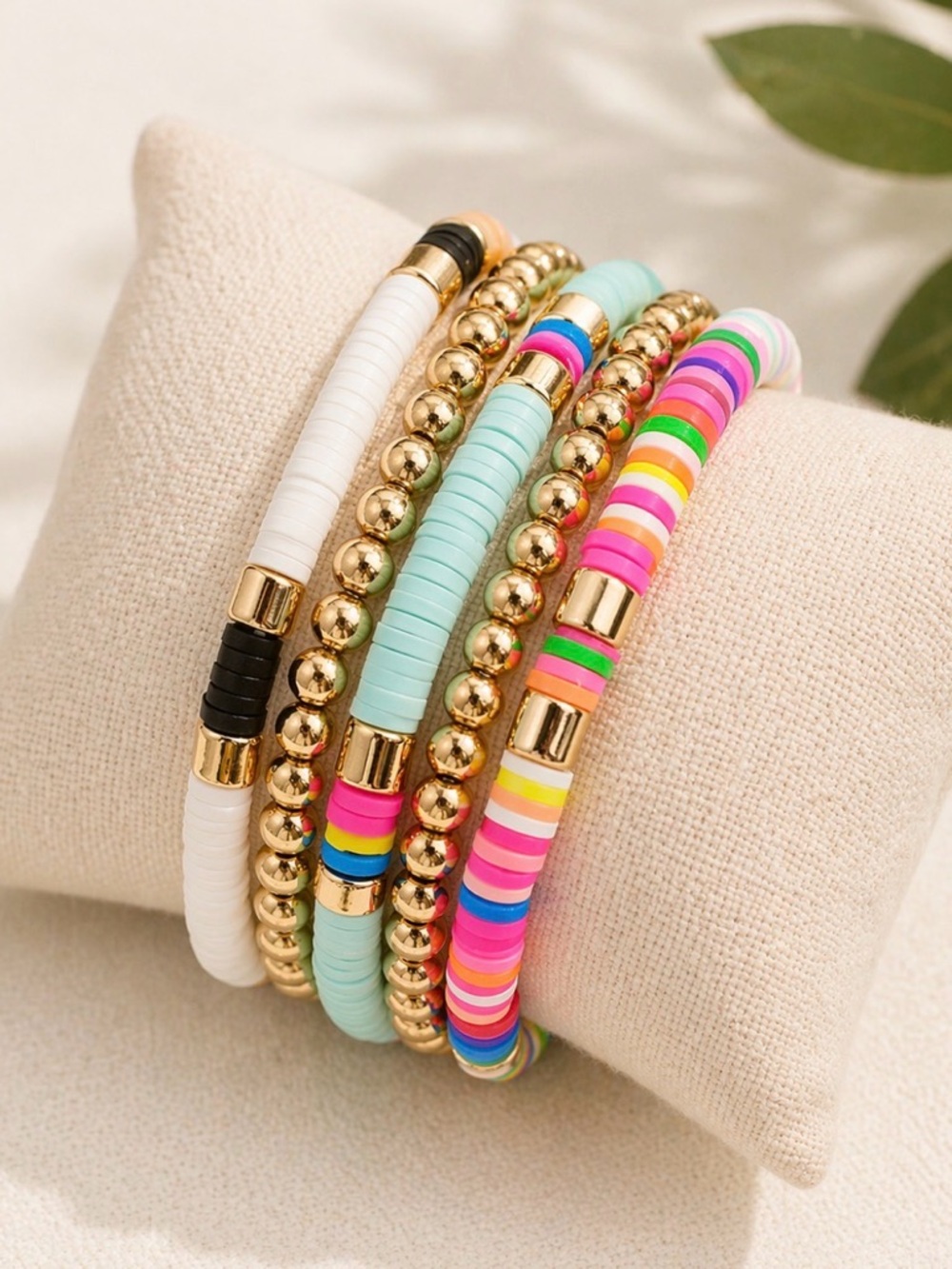 Colorful Heishi Clay Beaded Bracelet Stack with Gold Accent Stretch Bracelets